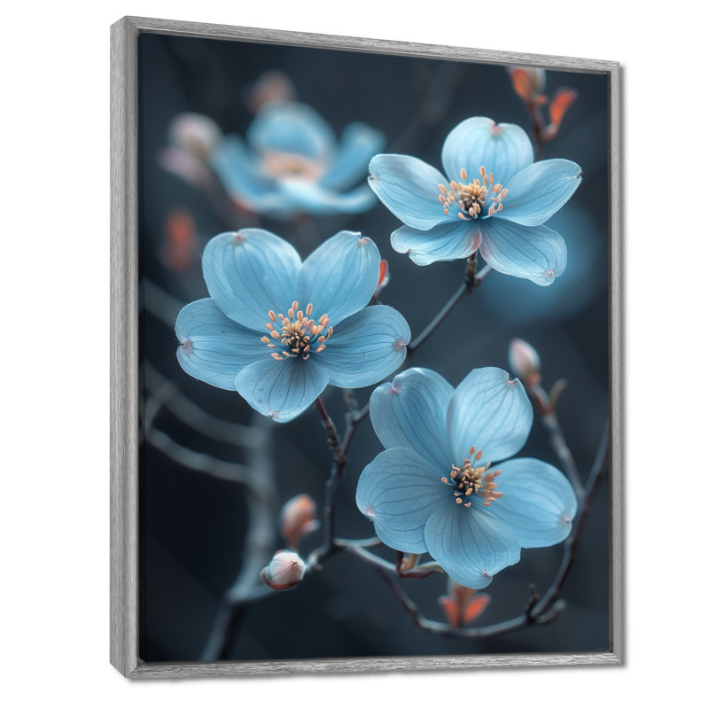 Monochromes bleus, paix, cornouiller fleur II - cornouiller, art mural, Toile argentée avec cadre flottant
