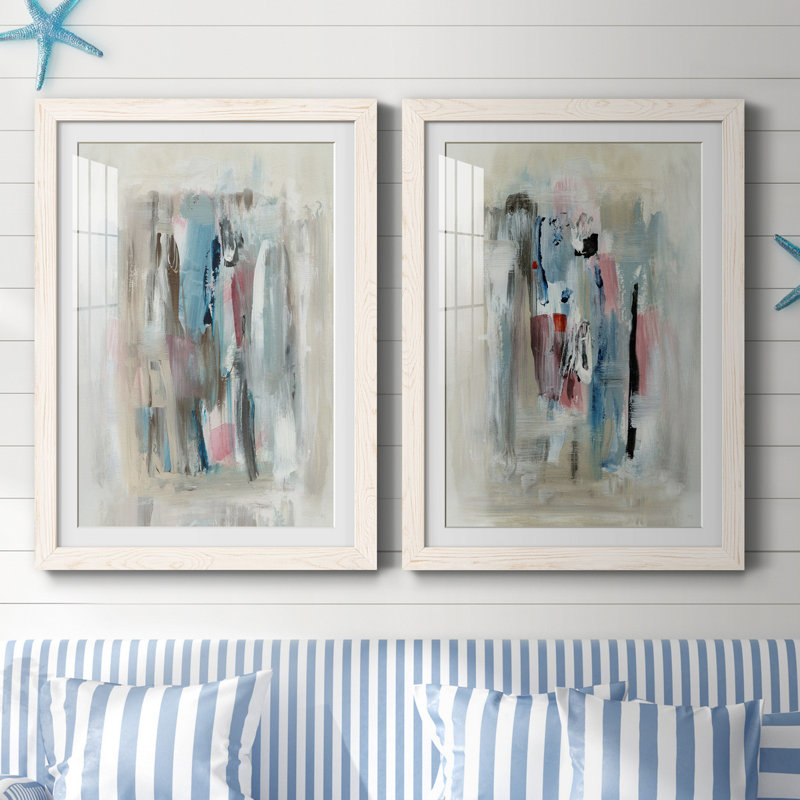 Rain Shadow I - Abstract Figures In Blue Wall Art, Matted and Framed Under Acrylic Glass, Set of 2, Large Living Room Wall Art
