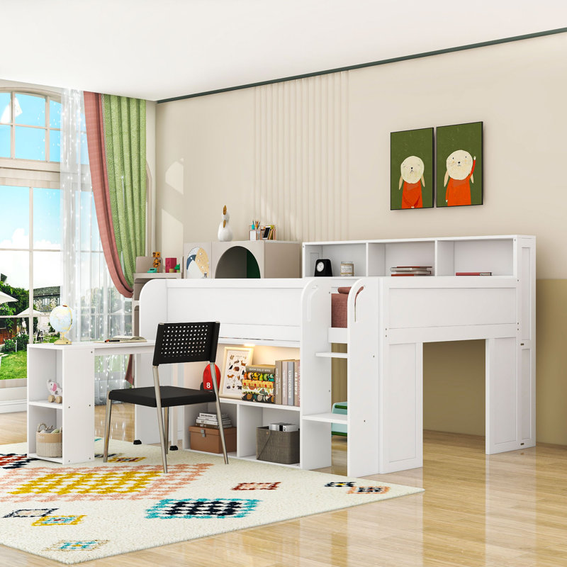 Lit mezzanine double en bois avec bureau, tablettes et lumière