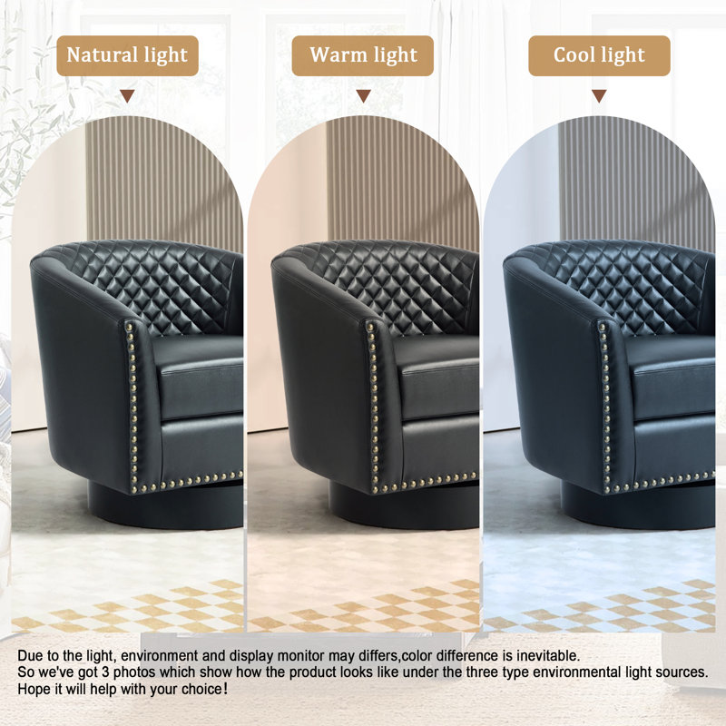 Petit fauteuil pivotant rembourré en similicuir noir capitonné avec garniture cloutée, Noir