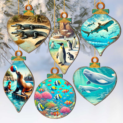 Ensemble de 12 décorations de Noël en bois «Ocean & Marine Life» par G. Debrekht