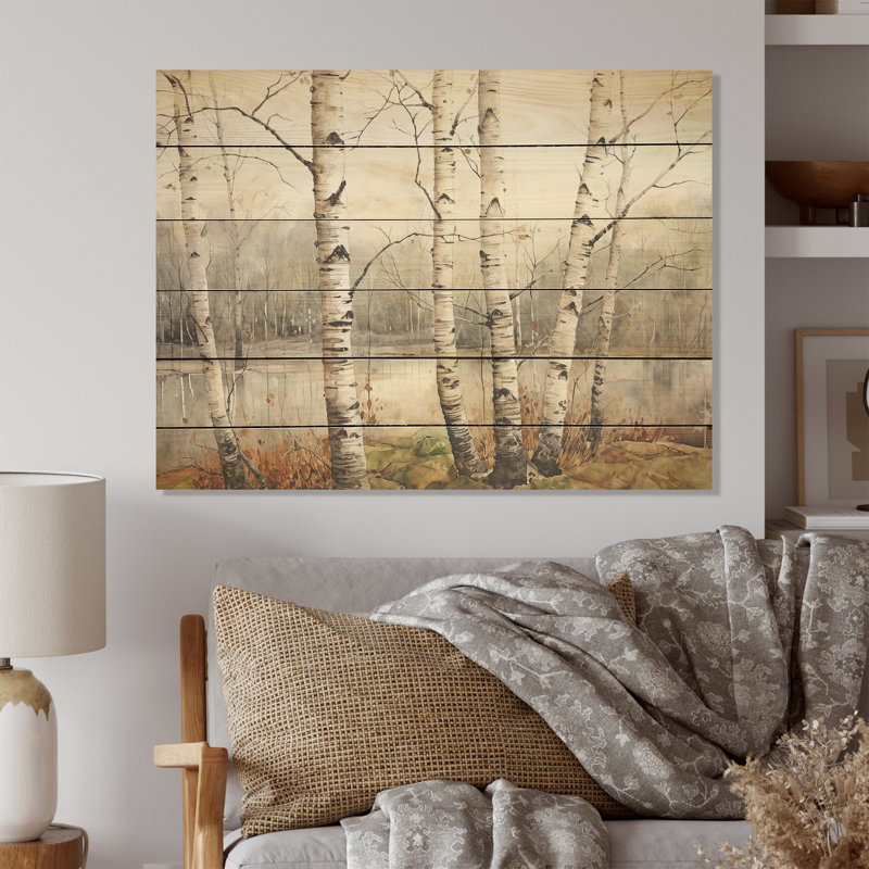 Beige Silver Birch Beauty - Tree Birch Wood Art On Natural Pine Wood, 10" H x 20" W