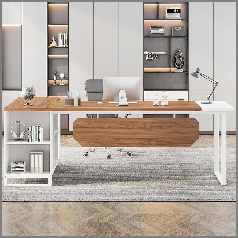 Bureau de direction en L de 70,8 pouces avec classeur de 55 pouces, grand bureau d'ordinateur avec rangement et tablettes, solution de bureau à domicile moderne, noyer et blanc