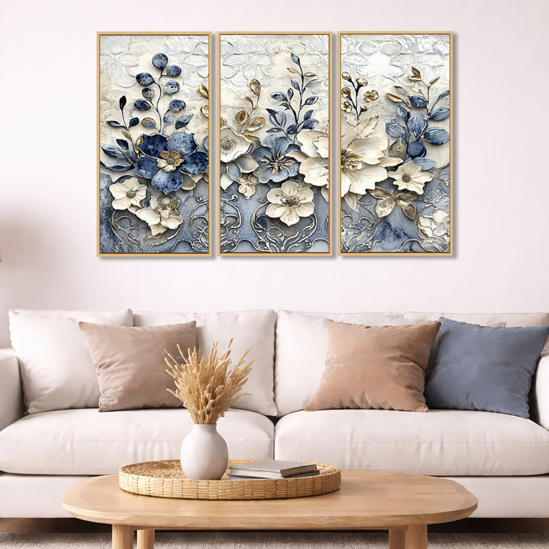 «White and Blue Floral Abstract Tiles II», ensemble d'art mural fleurs, H 28 po x l 36 po x P 1 po