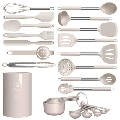 Ensemble 26 pièces d'ustensiles de cuisine en silicone, acier inoxydable, résistant à la chaleur, kaki