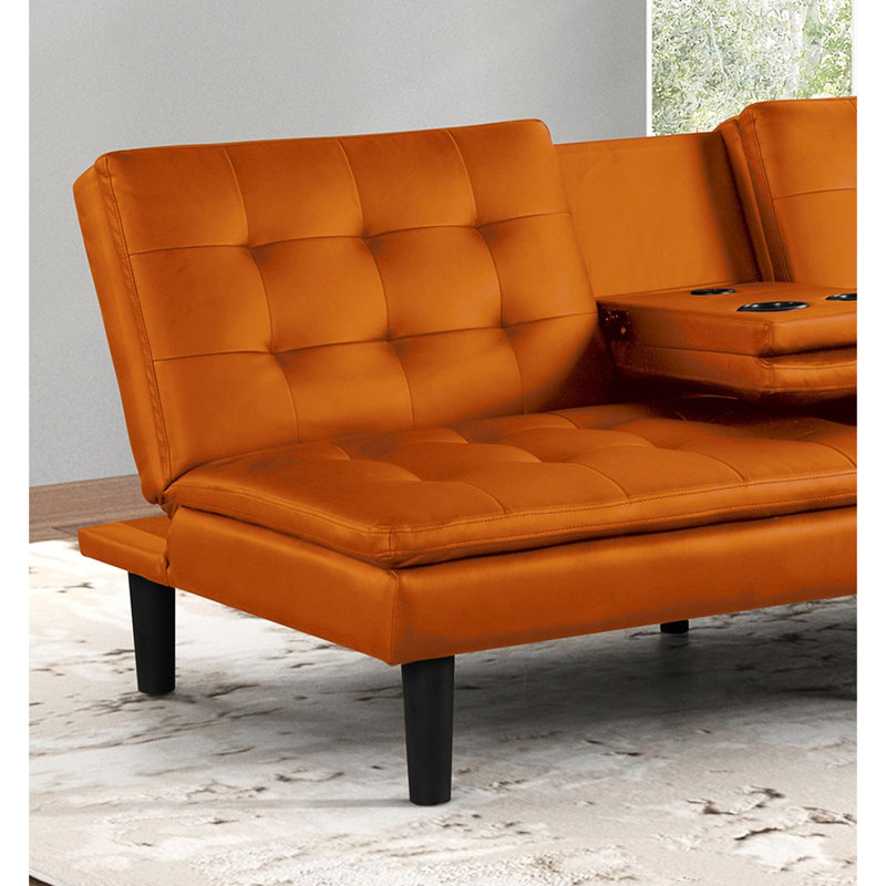 Futon orange contemporain avec biscuit, ports, table rabattable et lit convertible, capitonnage de style H 71,5 po x P 35,5 po, chargeurs de climatisation, option de fabrication,