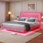Lit plateforme flottant Queen size en similicuir rose avec tête de lit capitonnée en losanges et éclairage DEL, sans sommier, conception silencieuse, montage facile-1289493096-1289493098