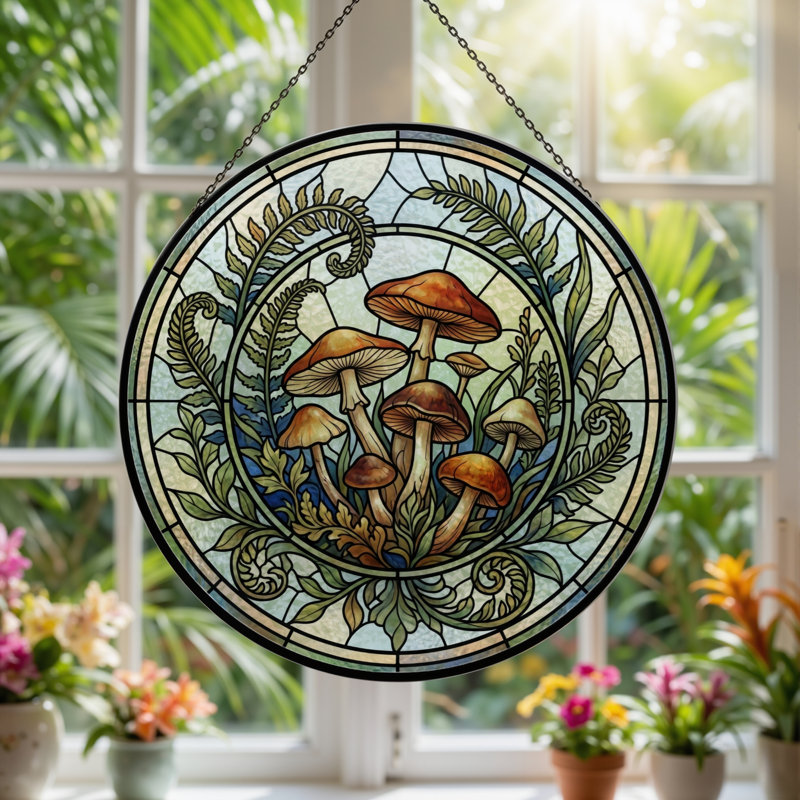 Panneau de vitrail en forme de fougère champignon, 7,8 heures, 7.8"H