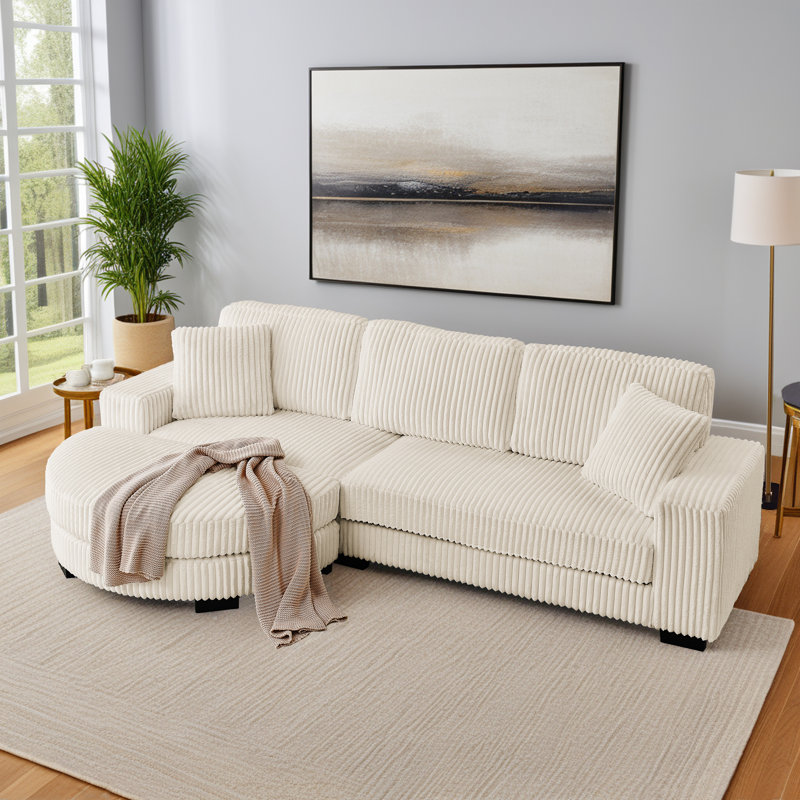 Corduroy Upholstered Sofa with Removable Curved Ottoman, Beige