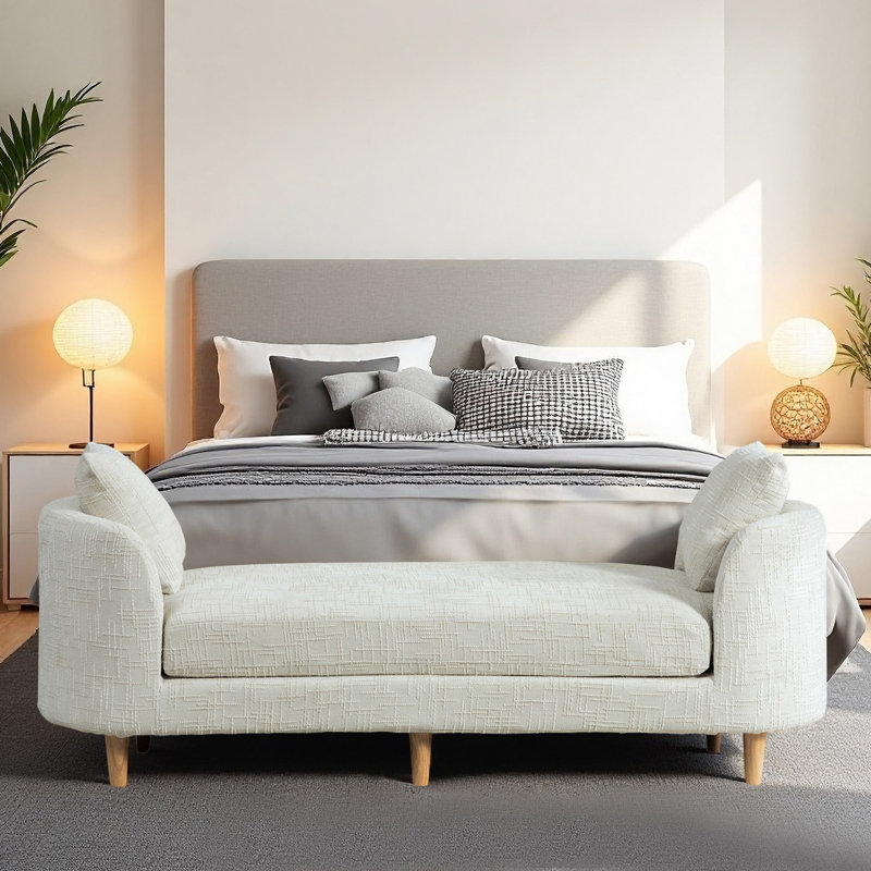 77.17" Chenille Upholstered Bench with Armrests and 2 Pillows, Beige