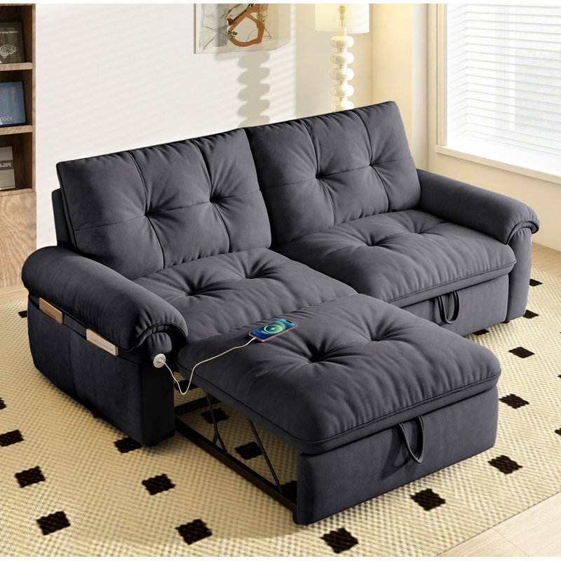 Burwell 77" Gray Velvet Multi-Functional Convertible Sofa Bed with USB Charging Ports – Kid/Pet Friendly Couch Bed for Living Room, Small Spaces, Guest Room