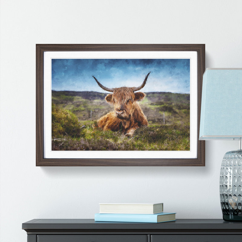 A Resting Highland Cow - Single Picture Frame Painting on MDF, Walnut, 62cm H x 87cm W x 2cm D
