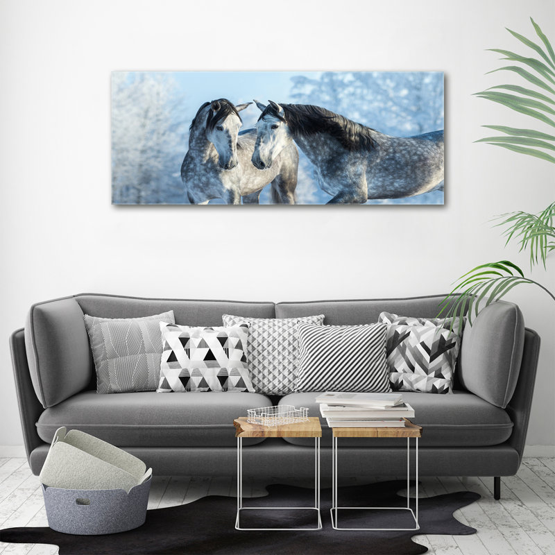 Gray Horses In Winter - No Frame Print on Glass, Canvas, 50cm H x 125cm W x 2cm D