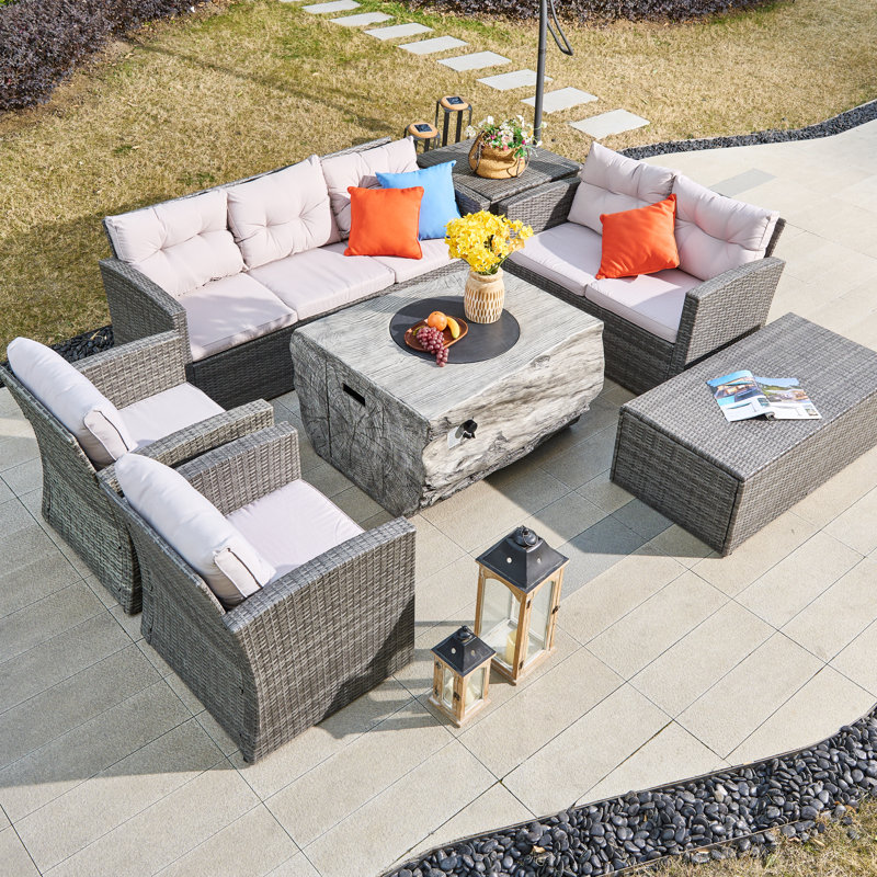 Wicker 7 - Person Garden Lounge Set with Cushions