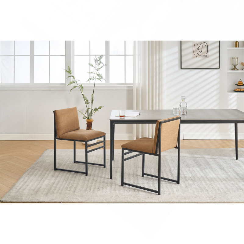 Ensemble de 2 chaises de salle à manger modernes, coussins et dossier rembourrés en lin avec supports en fer minimalistes