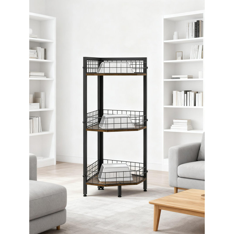 Étagère d'angle à 3 niveaux pour cuisine, salon, chambre à coucher, organisateur de rangement autoportant rustique avec structure en métal robuste, conception peu encombrante pour les petits espaces, la maison et le bureau