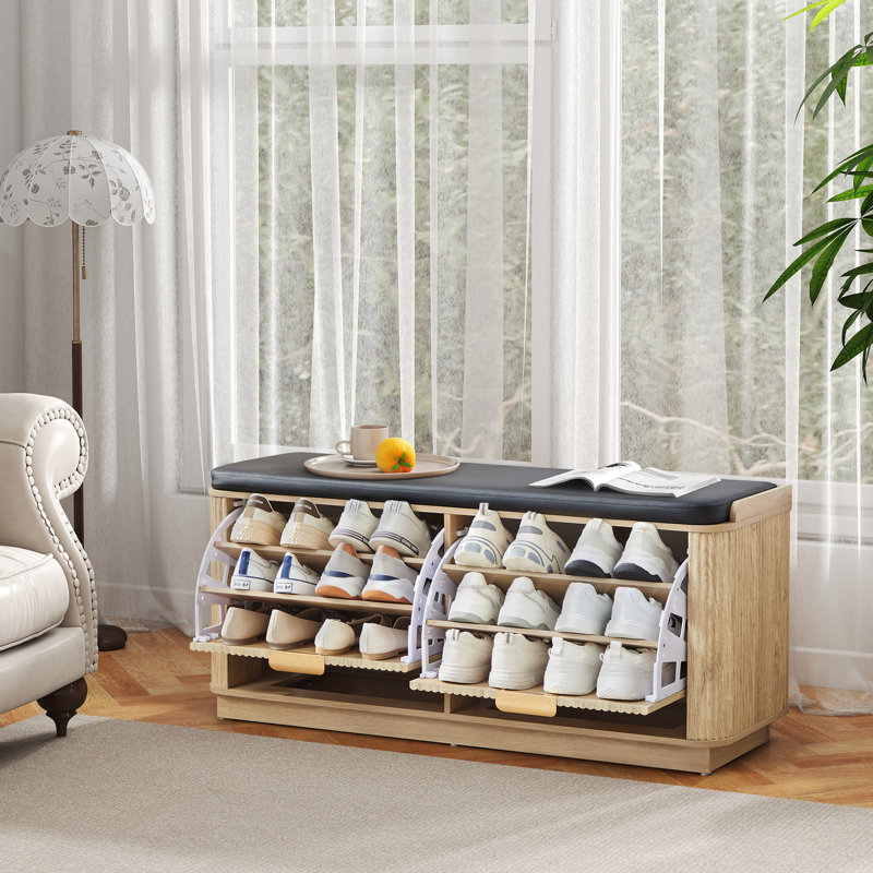Banc de rangement rembourré pour 12 paires de chaussures avec 2 tiroirs rabattables, Naturel