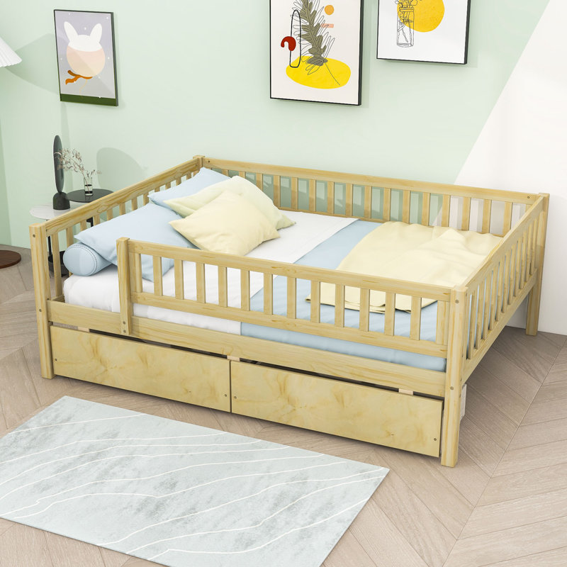 Wood Daybed with Two Drawers and Slats, Natural, Full