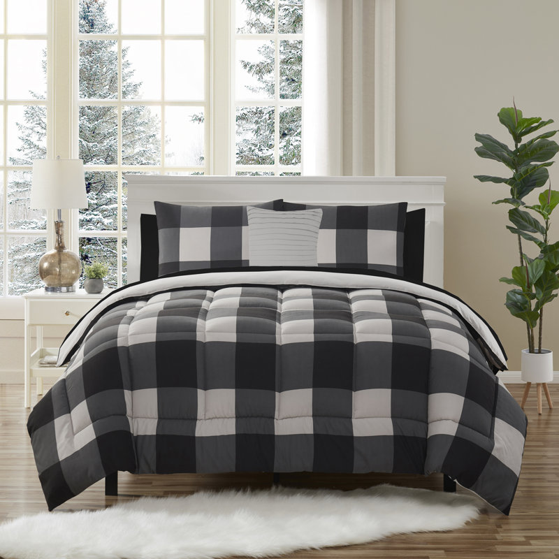 8 Piece Buffalo Plaid Bed In A Bag Comforter And Sheet Set By Sweet Home Collection - King, Black/Gray