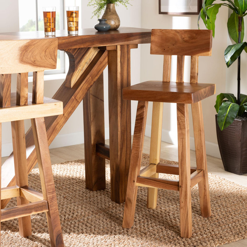 Bali & Pari Luli Suar Wood Bar Stool - Handcrafted Solid Wood Stool With Backrest, Rustic Modern Seating For Kitchen Or Bar Area