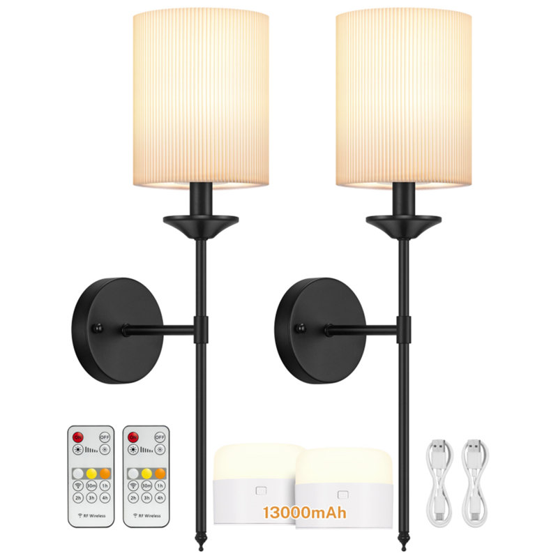 Set Of 2 Battery Operated Wall Sconce, Pleated Lampshade Rechargeable Sconces With 13000mah Bulb, Cordless Wall Sconce With Remote, Battery Powered Wall Lamp/lights For Bedroom, Black