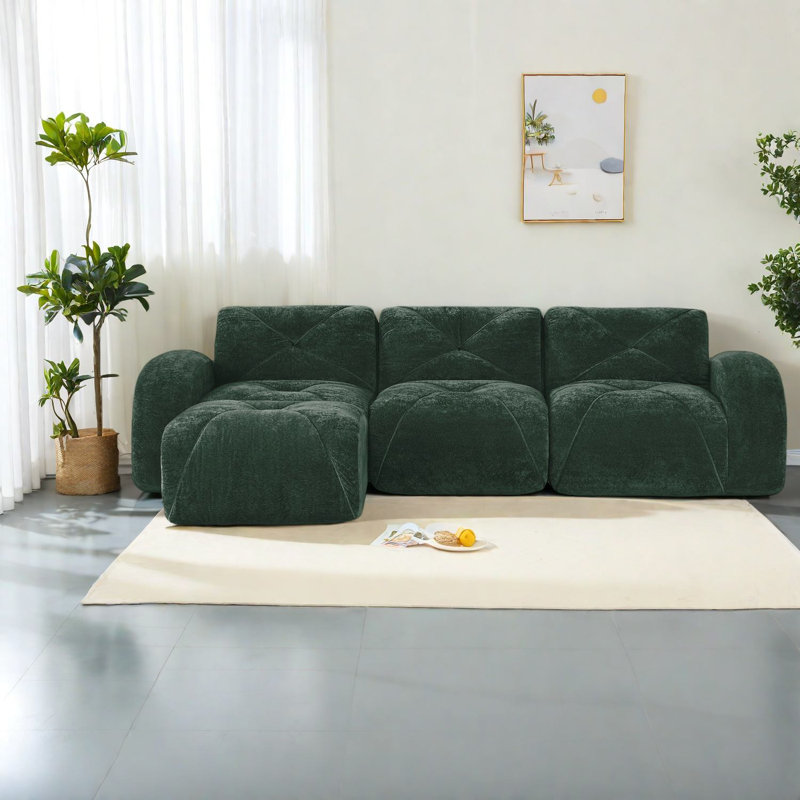 Canapé moderne en forme de L en velours, ergonomique avec repose-pieds mobile, vert