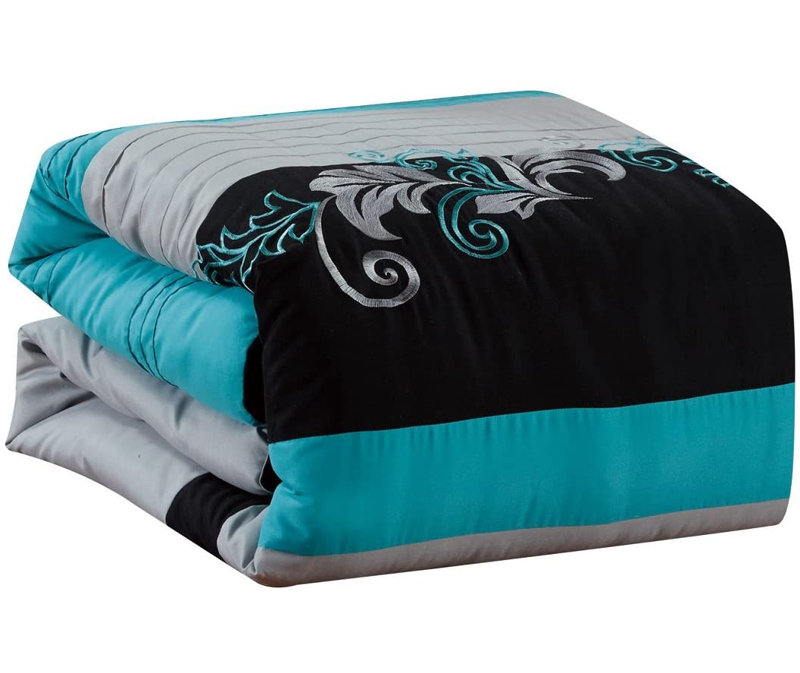 Floral Embroidered Microfiber 7 Piece Comforter Set, Teal/Gray/Black, Queen Comforter + 6 Additional Pieces