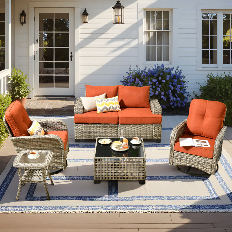 Carolle 6 Piece Sofa Seating Group With Fire Pit And Cushions, Orange/Red