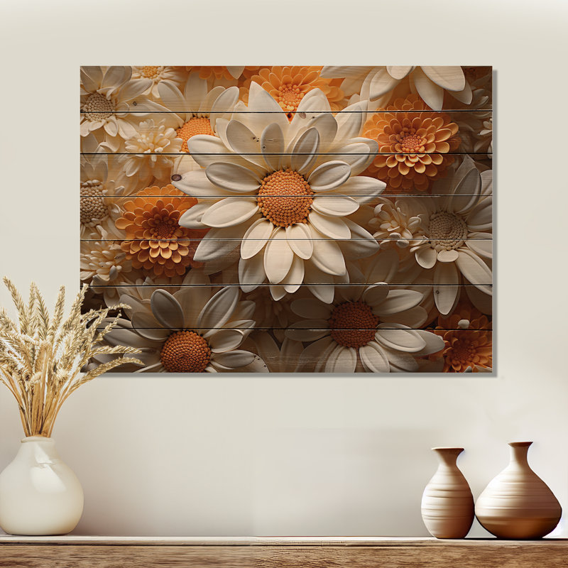 Fleur de marguerite blanche et orange - marguerite, art mural sur bois de pin naturel, H 30 po x l 40 po