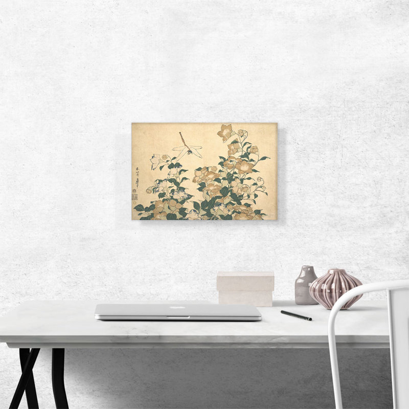 «Dragonfly and Bellflower 1820» par Katsushika Hokusai, reproduction d'art sur toile tendue, H 12 po x l 18 po x P 0,75 po