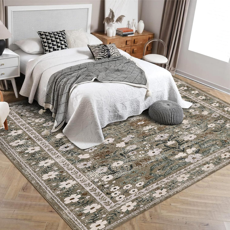Floral Low Pile Runner Rug – Machine Washable, Non-Slip, Lightweight Hallway, Kitchen & Bedroom Carpet, Vintage Distressed Area Rug for Home Decor