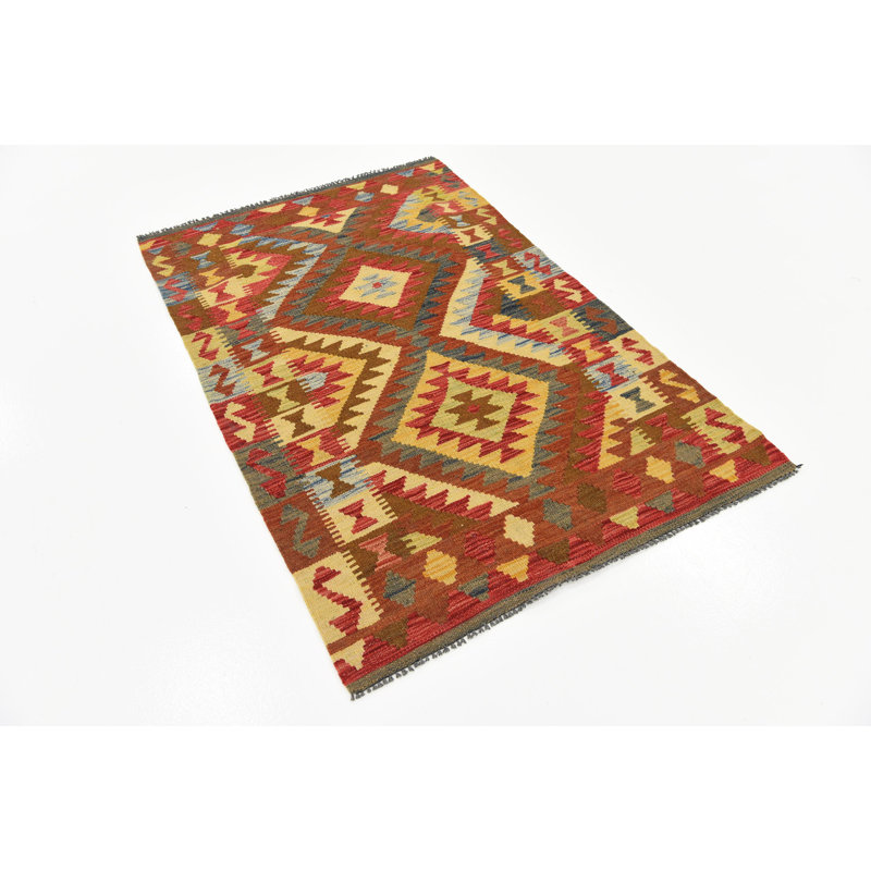 Tapis de zone en laine beige/rouge 3 pi 2 po x 4 pi en laine noué la à la main one-of-kind Doorfield