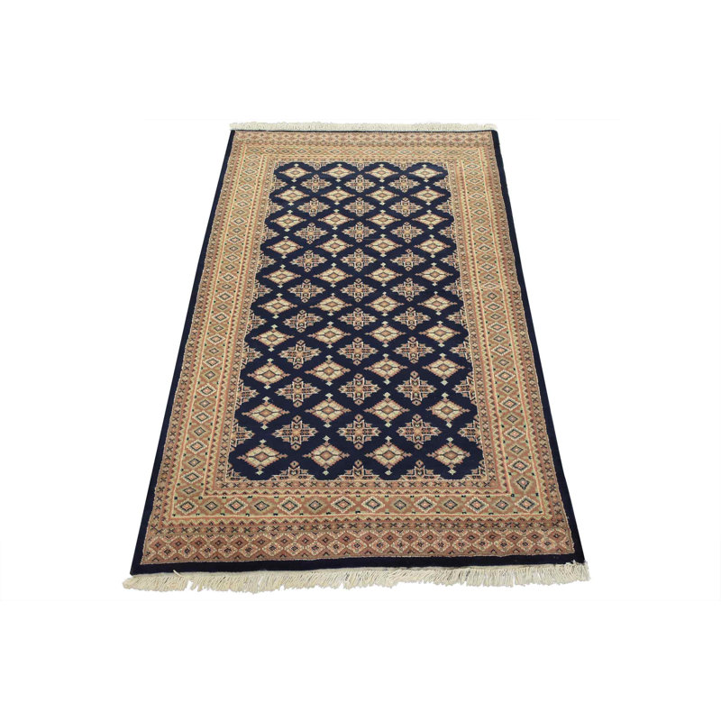 Tapis oriental noué à la main en laine bleu 4 pi 2 po x 6 pi Bokhara Jaldar