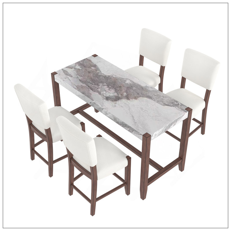 Ensemble de table de salle à manger 5 pièces à hauteur de comptoir, table de bar en faux marbre et 4 chaises rembourrées, ensemble de salle à manger moderne de style Mid-Century pour la salle à manger, cuisine de pub, petite place