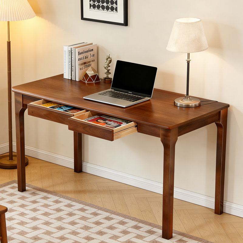Bureau en bois massif 47 po avec tiroirs, bureau d'écriture Mid Century Modern pour bureau à domicile et petits espaces, noyer