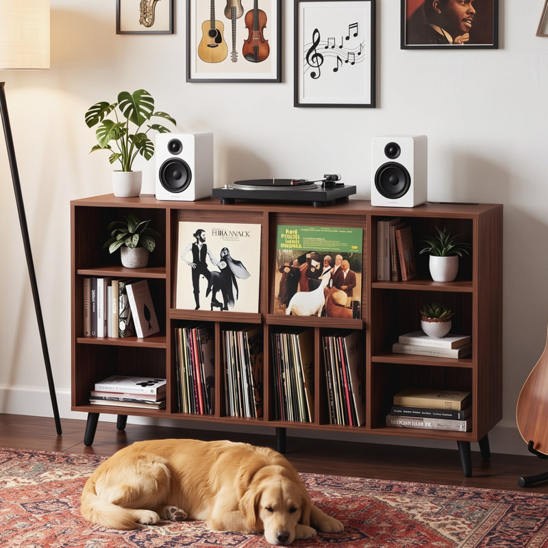 Meuble pour platine vinyle avec station de recharge, meuble de rangement pour disques de 140 cm, noyer, Walnut