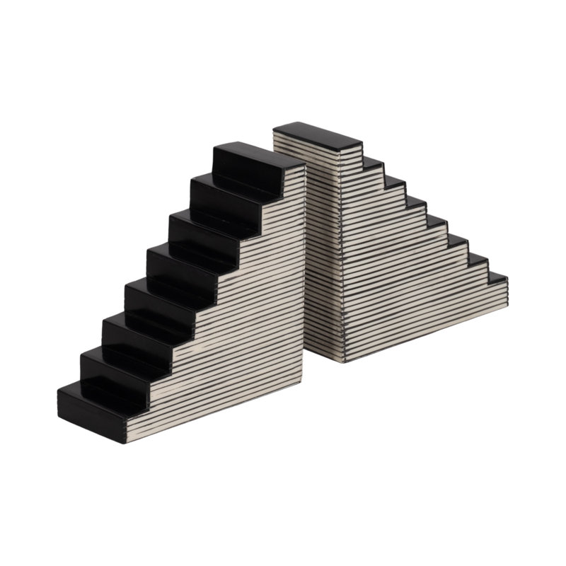 Latitude Run® Striped Steps Bookends, Black/White - A Fusion Of Mdf And Resin Magic