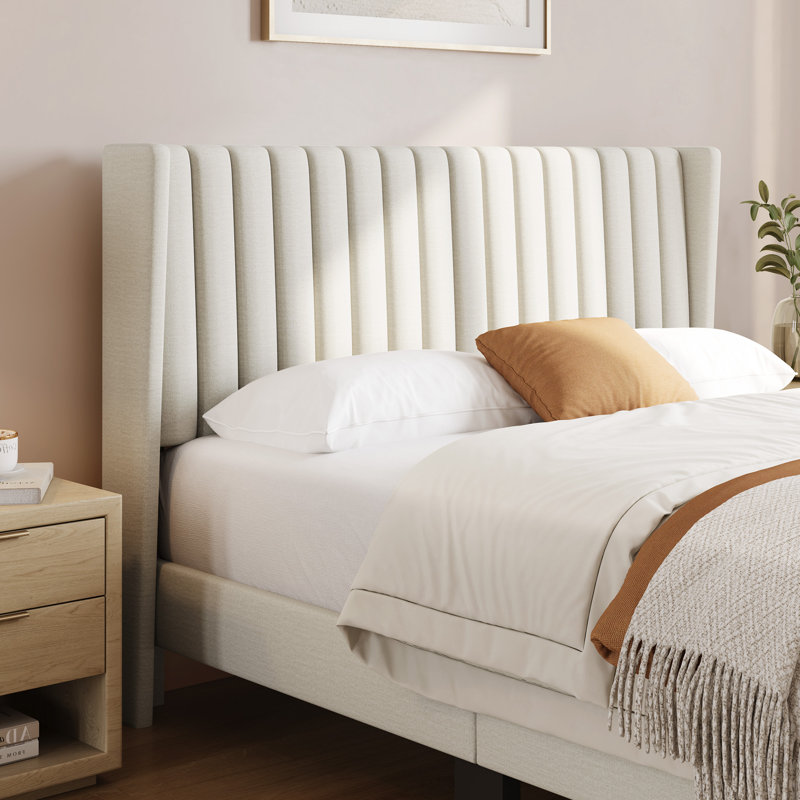 Upholstered Bed Frame with Channel Tufted Headboard, Queen, Ivory