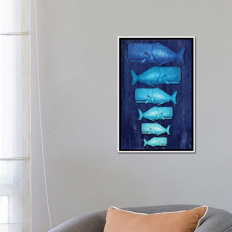 «Whale Family Blue on Blue» par Fab Funky - impression d'art graphique, H 26 po x l 18 po x 1,5 po, Toile blanche encadrée