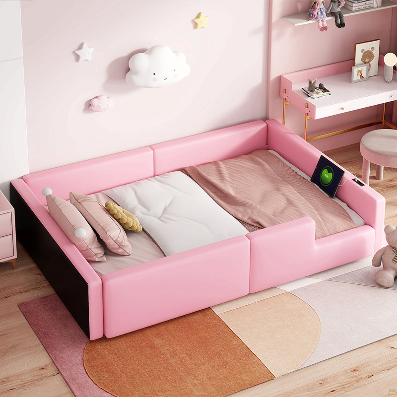 Lit plateforme tapissier simple avec garde-corps et station de charge