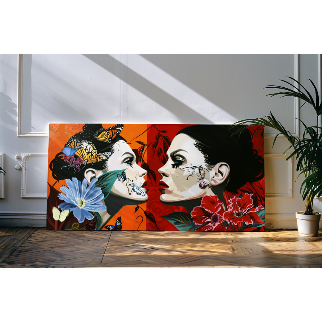 Wandbild 120x60cm Porträt von zwei jungen Frauen Rot Blüten Blumen Kunstvoll