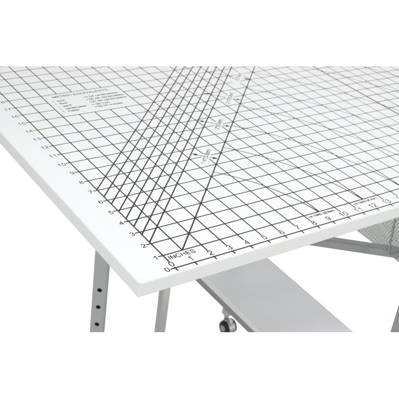 Adjustable Silver and White Folding Cutting Table with Grid Top