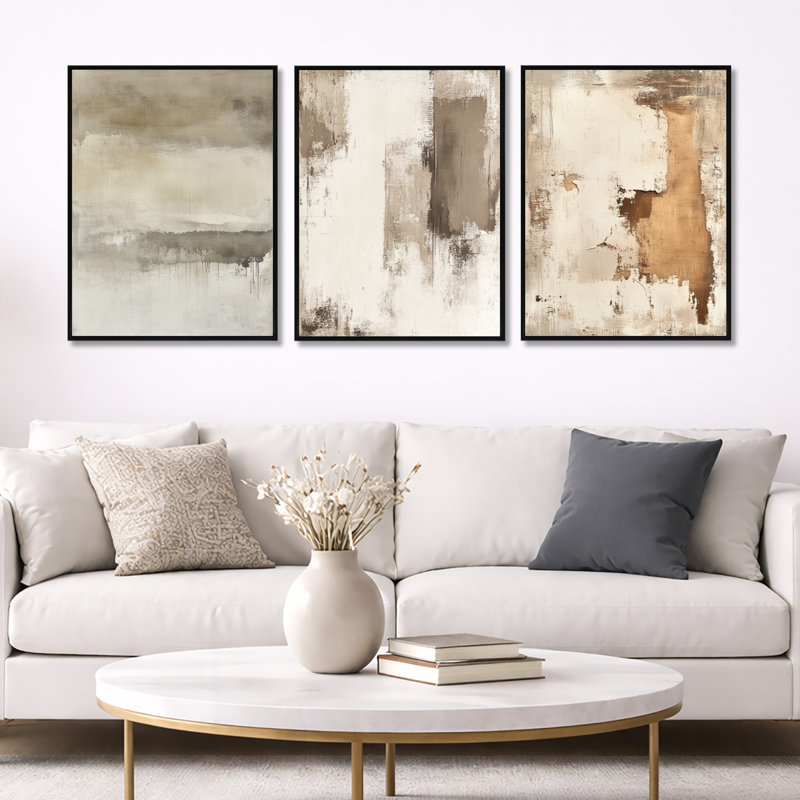 «Neutral Limewash Calm - Abstract Minimalisme», reproduction de toile encadrée 3 pièces, Cadre flottant noir