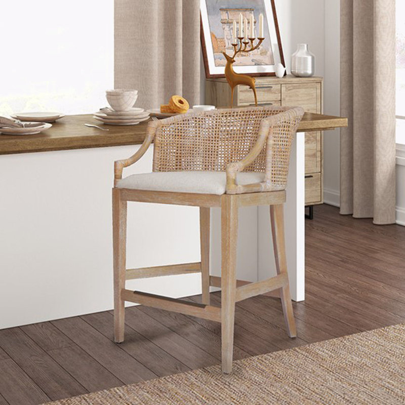 Tabouret de bar en rotin, Blanc naturel délavé