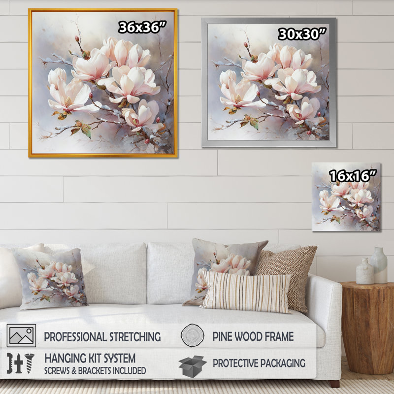 «Magnolias Charm In Winter I», reproduction d'art sur toile, H 30 po x l 30 po x P 1 po, Cadre naturel flottant