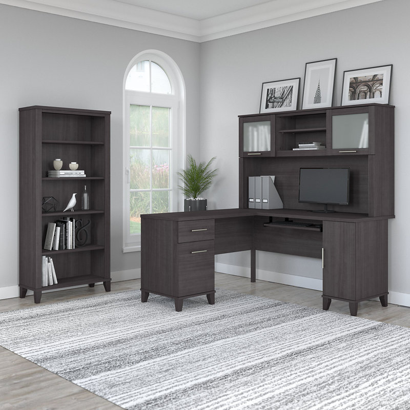 Ensemble de bureau d'ordinateur en L 3 pièces avec rehausse Magomed, Gris orage