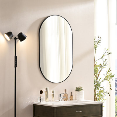 Miroir ovale 40 po x 30 po en métal noir pour salle de bain et chambre à coucher, cadre antirouille, reflet transparent, installation simple, salle de bain murale en aluminium 40 x 30, sans distorsion, 360 degrés