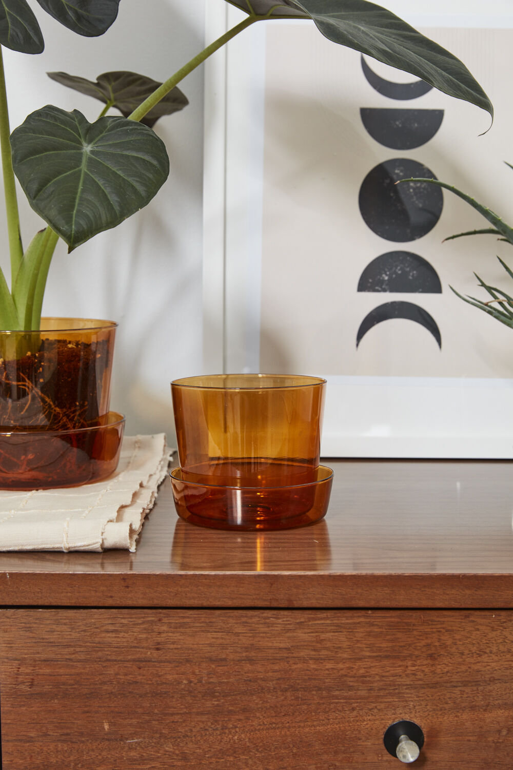 Glass Pot with Saucer, 4" H x 4.75" W x 4.75" D