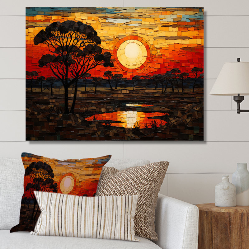 Savannah, coucher de soleil en safari africain dans les teintes 3 - Boho mosaïque, art mural, Toile tendue