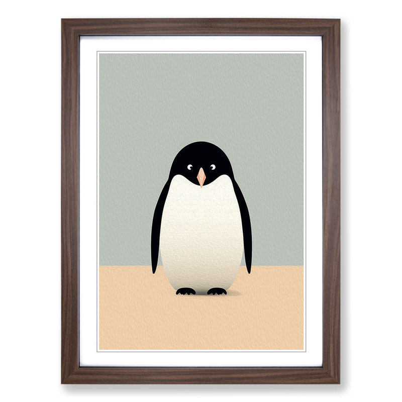 Penguin Minimalism - Single Picture Frame Print on Wood, 64cm H x 46cm W x 2cm D, Walnut Framed